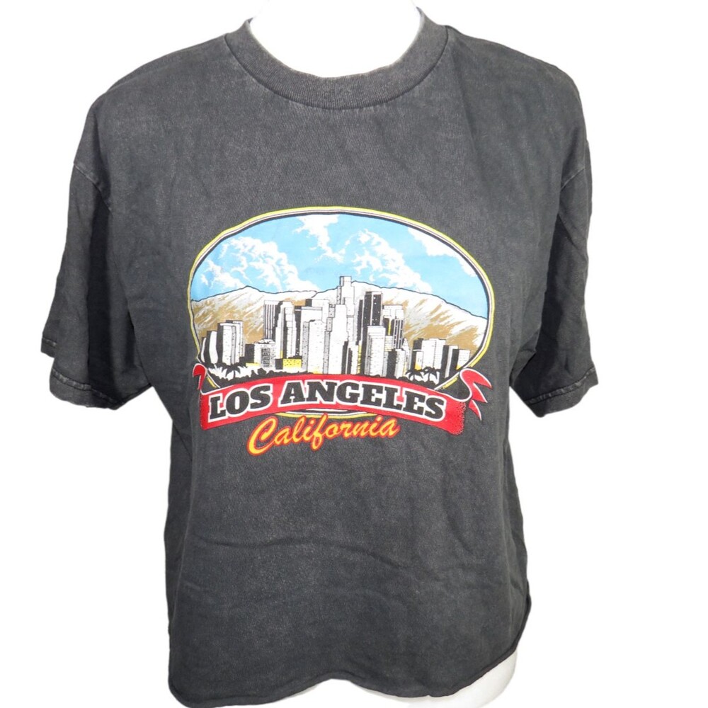 Los Angeles California Black Washed Boxy Relaxed Fit Cropped Tee Size M - Picture 6 of 6